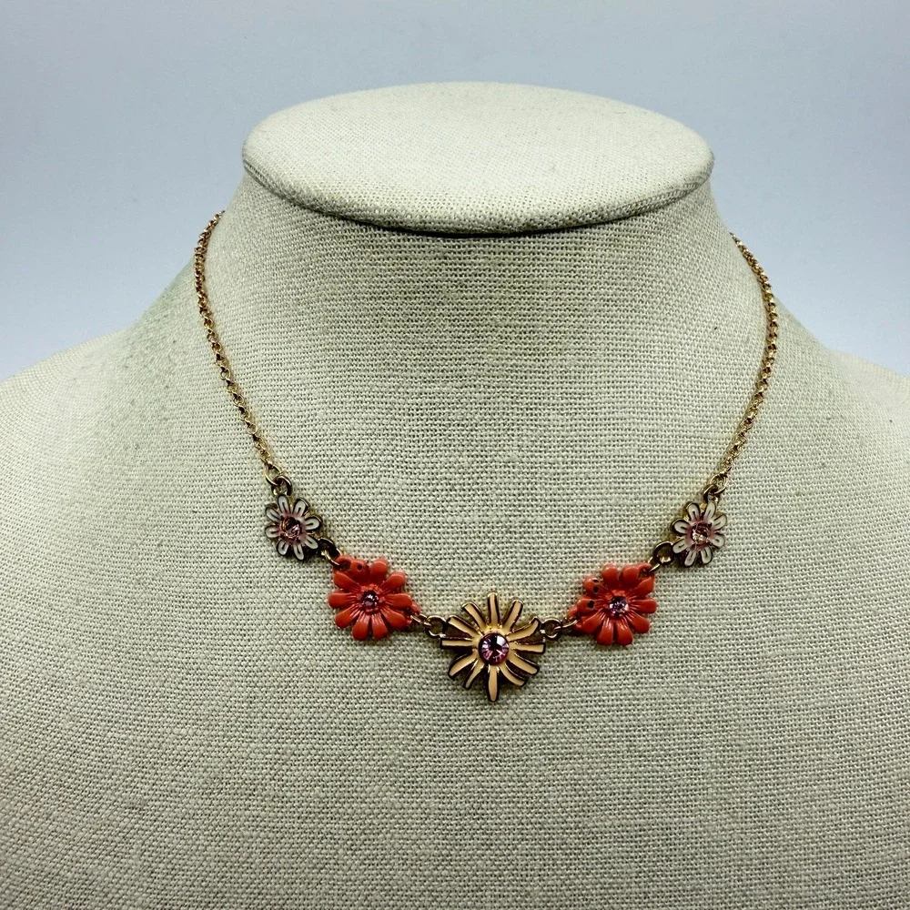 Gold Tone Pink Floral Rhinestone Necklace Daisy Coquette Cottagecore Gift